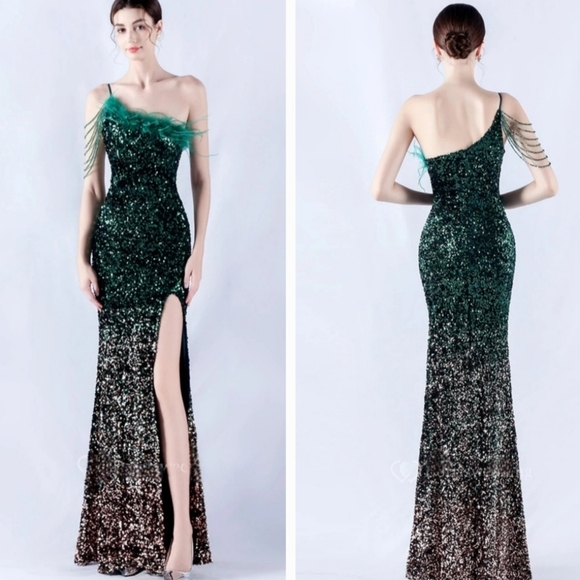 Green and Gold Sequin Gown with High Slit - Picture 2 of 16